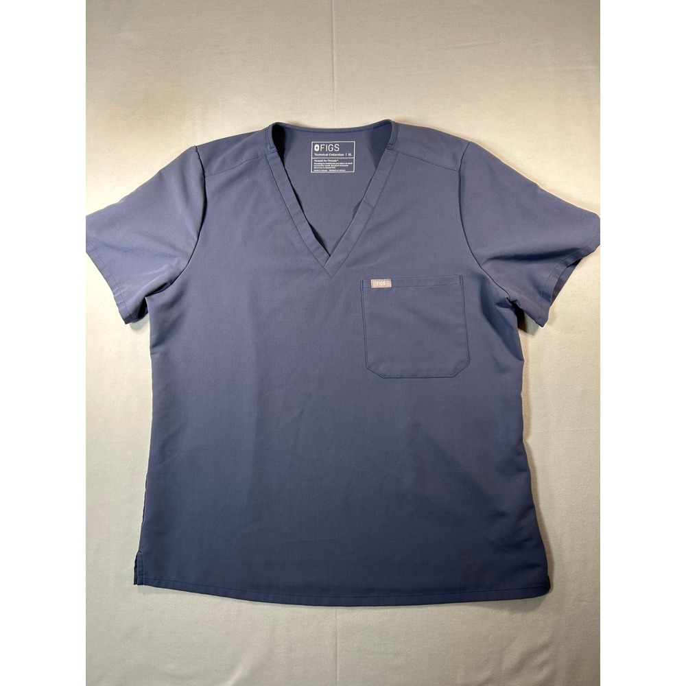 Figs Catalina Scrub Top Women XL Blue Grey Excellent V-Neck Short Sleeve Pocket